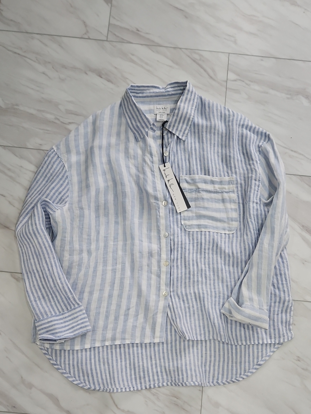 Blue & White Striped Linen Button-Up Blouse
